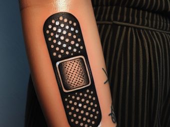A band-aid tattoo on the arm