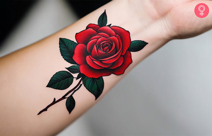 A red rose tattoo on the wrist