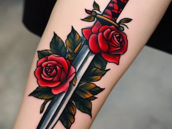 A woman with a rose and dagger tattoo on her arm